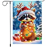 Christmas Garden Flag 12x18 Inch Double Sided Burlap Raccoon with Santa Hat and Lights Cute Winter Outdoor Yard Decoration for Holiday Porch Lawn Farmhouse Decor