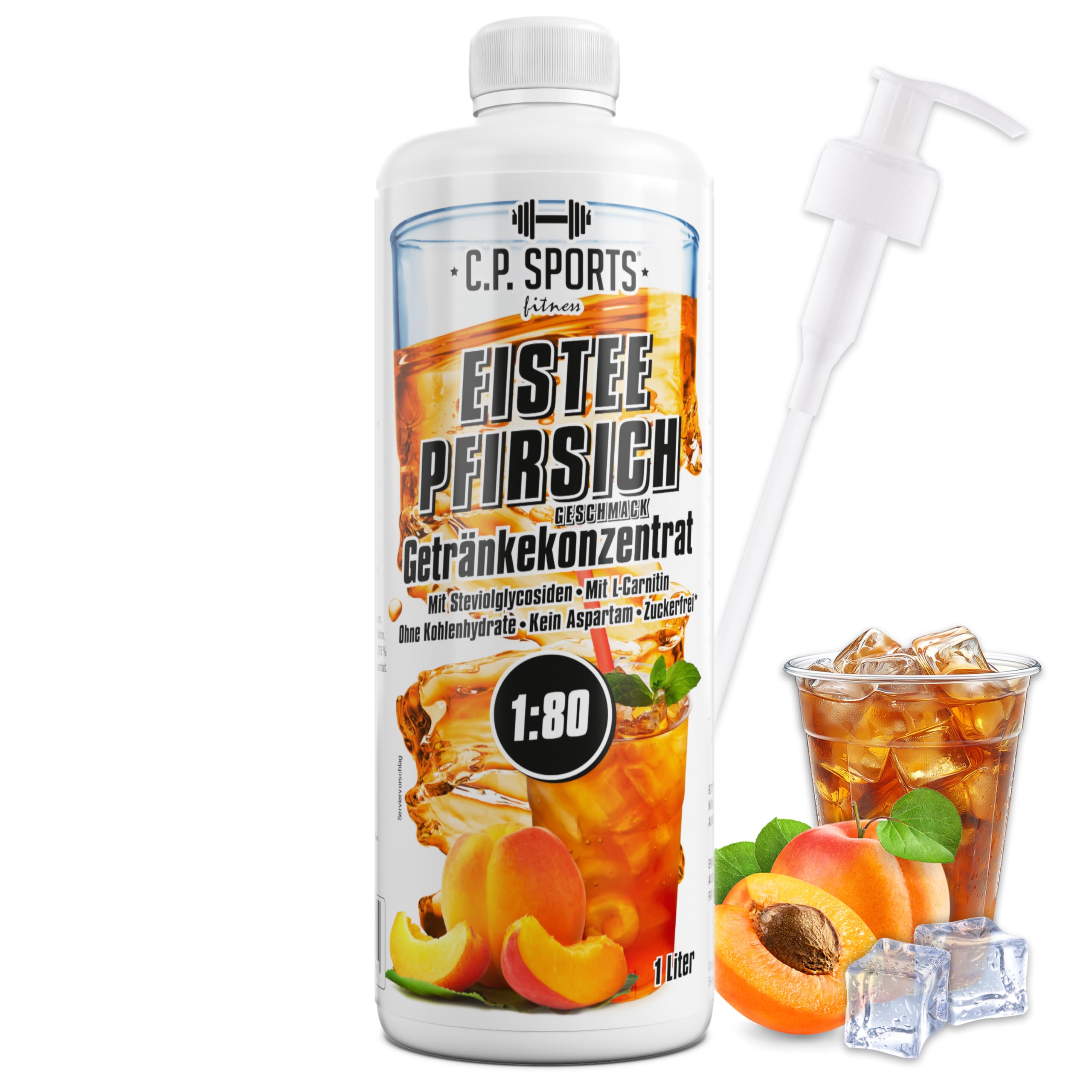 C.P. Sports Getränkesirup EISTEE-PFIRSICH für Mineraldrink mit Vitaminen I Sirup ZUCKERFREI* für Vital-Drink I Getränkekonzentrat zum Mixen mit Wasser für Getränk 1 Liter + Pumpspender