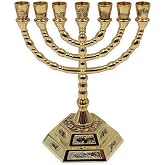 Ateret Judaica 7 Branch Temple Menorah, Gold Traditional Jewish Menorah with 12 Tribes of Israel, Biblical Seven Candle Stick Holder (6.6 inch)