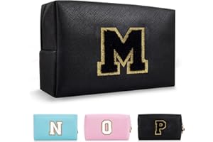 CHAOGREAT Personalized Initial A-Z Preppy Patch Makeup Bag,Small PU Chenille Letter Cosmetic Bag with Zipper for Teen Girls,Black Cute Toiletry Organizer Bag,Monogram Makeup Case Gift for Women Girls,Letter M