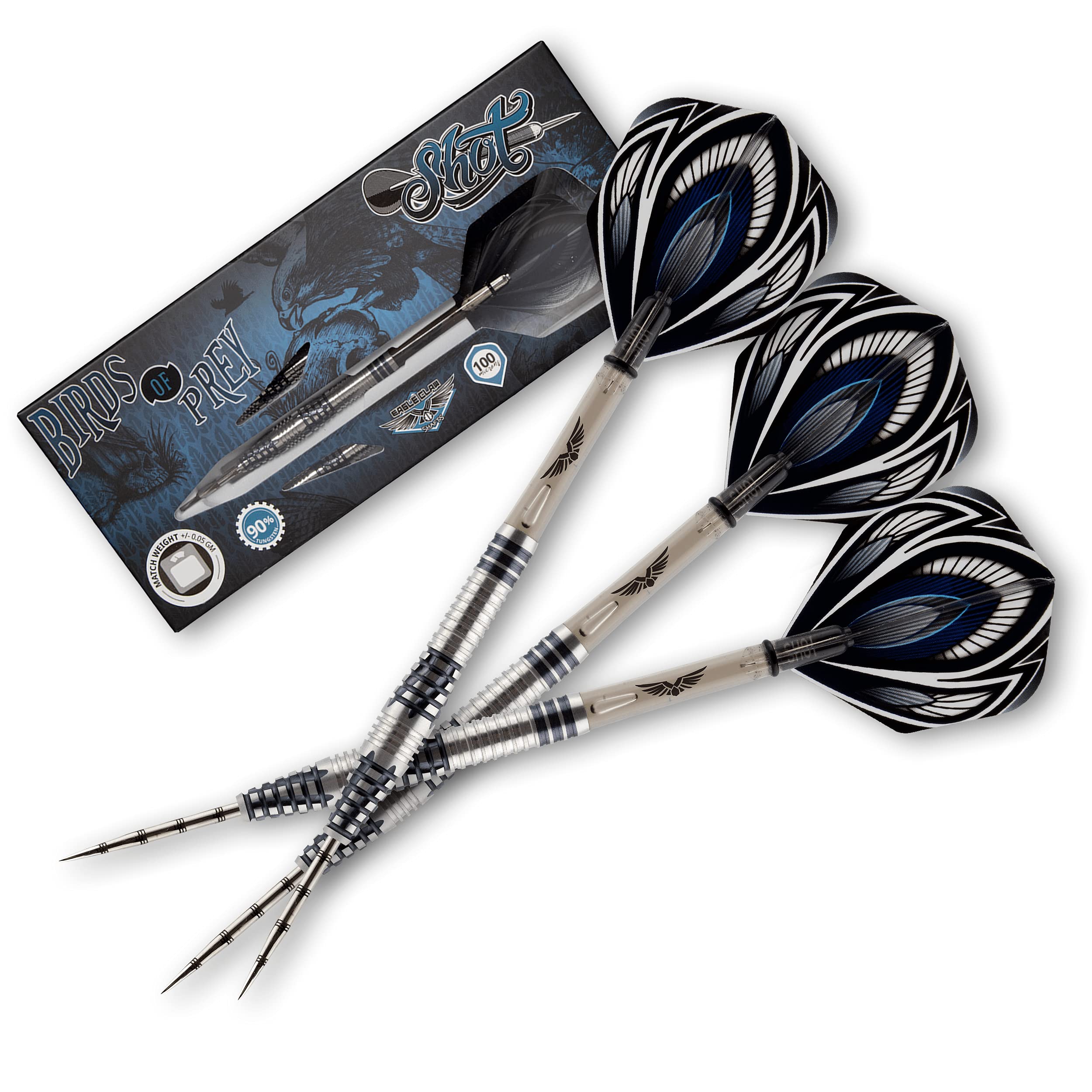 Shot! Darts Birds of Prey Falcon-Steel Tip Dart Set-Front Weighted-90% Tungsten Barrels (23.00, Grams)