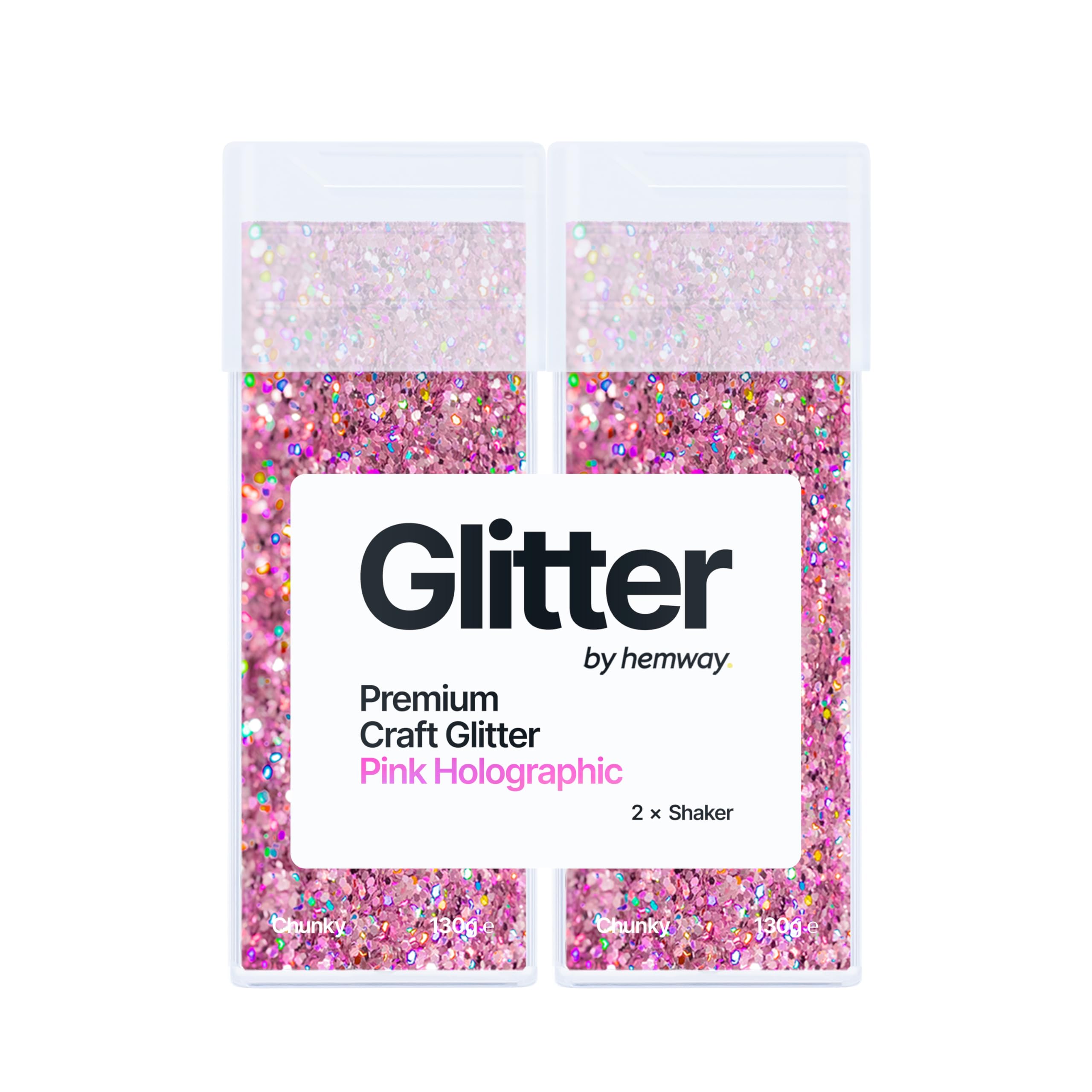 Hemway Glitter Shaker Pink Holographic 130g x2 Pack Chunky, Craft Glitter Shakers for Resin & Epoxy Crafts, Christmas Art Supplies, Nail, Body, Face, Eye, Festival, Crafting, Slime, Sparkle