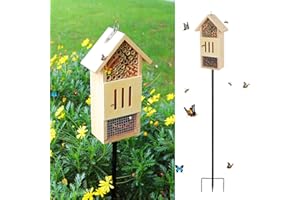 LETTRY Wooden Insect House, Bee House with Metal Stake for Garden, Natural Ladbugs Habitat & Butterfly Hotel on The Ground or Hanging on Tree Wall (Pine, 4.13"x2.56" x10.63", 32'' H Stake)