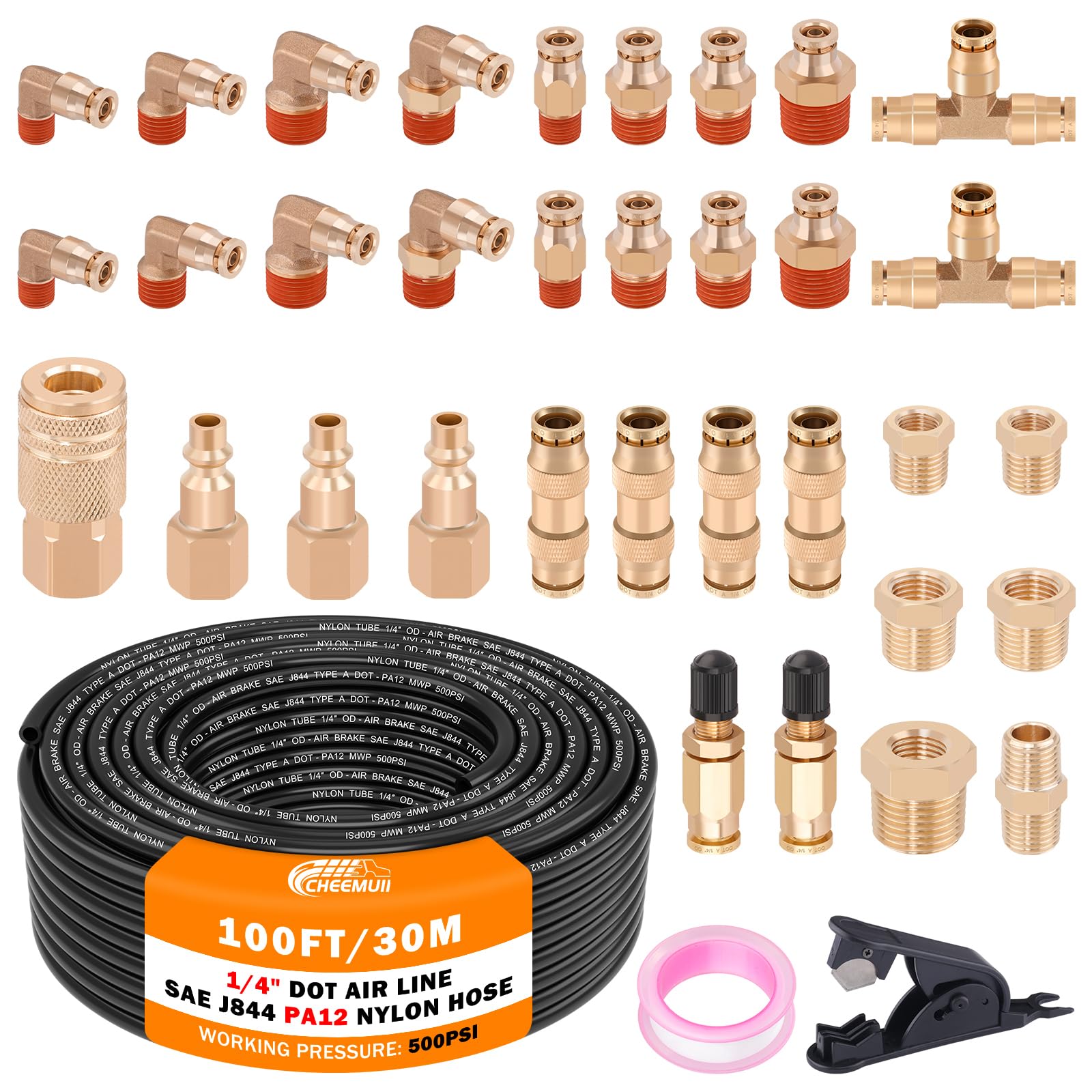 Photo 1 of CheeMuii 100 FT 1/4" DOT Air Line with 34 Pcs Brass DOT Air Line Fittings Kit 30.5 Meter 1/4 Black Air Line Service Kit with Push Lock Air Fitting Air Coupler & Plug Kit