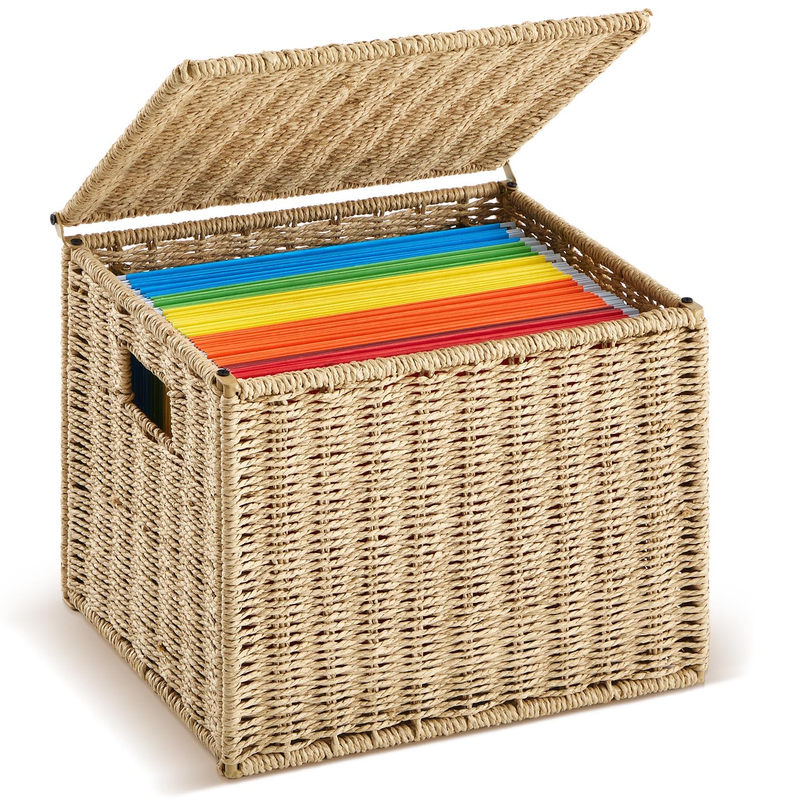 Photo 1 of Jingmore Paper Rope File Box Organizers Collapsible Letter Size Filing Cabinet with Lid Woven Hanging File Basket Portable Decorative Document File Storage Box for Office/Decor/Home (Letter Size)