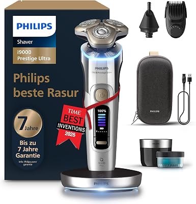 Rasierer i9000 Prestige Ultra für Herren, Nass- und Trockenrasur, chrom, Druck- und Bewegungssensor, 5+1 Bartstyler, Nasenhaartrimmer, Reinigungsstation, Ladestation und Reiseetui (XP9404/38)