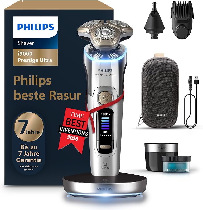 Rasierer i9000 Prestige Ultra für Herren, Nass- und Trockenrasur, chrom, Druck- und Bewegungssensor, 5+1 Bartstyler, Nasenhaartrimmer, Reinigungsstation, Ladestation und Reiseetui (XP9404/38)