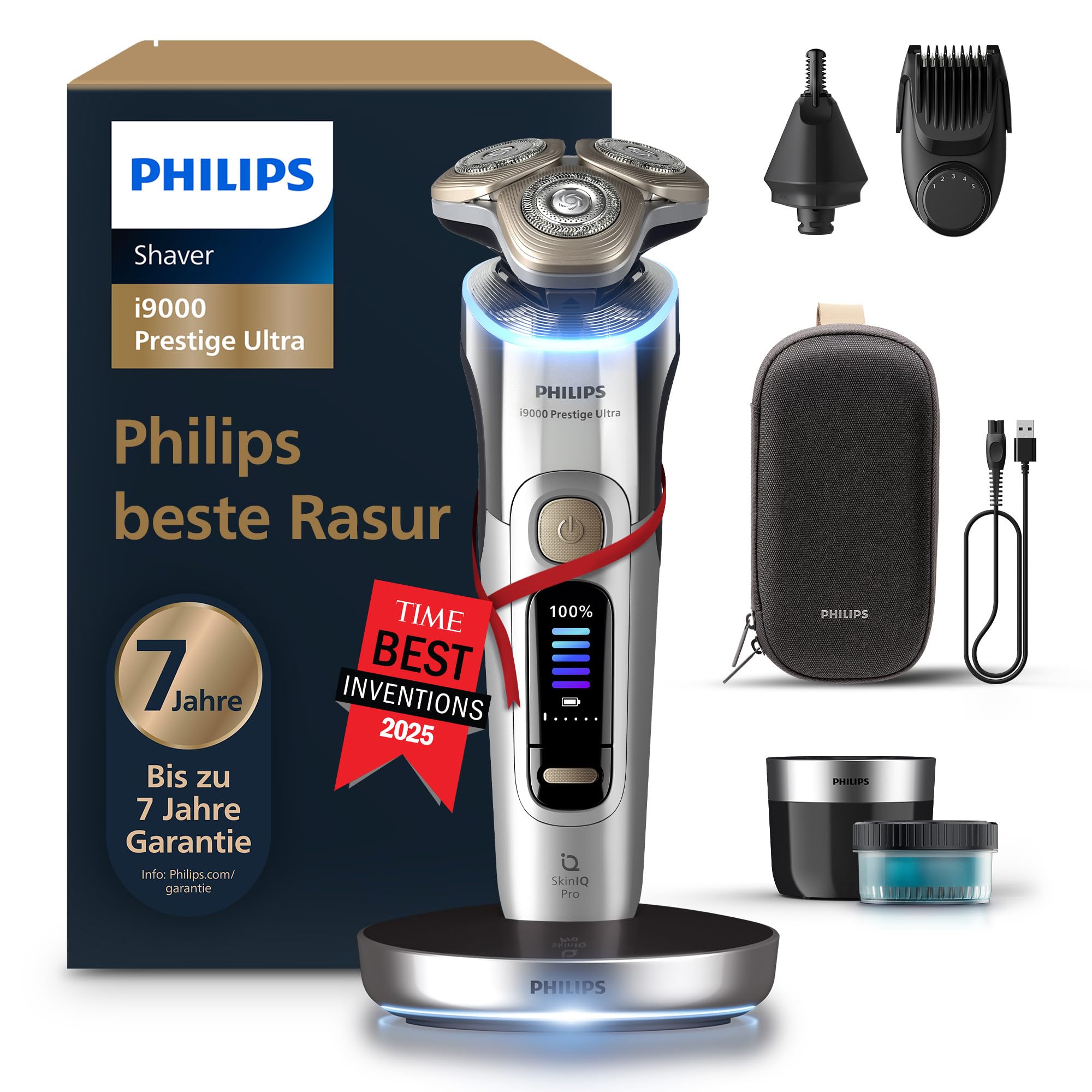 Philips Rasierer i9000 Prestige Ultra für Herren, Nass- und Trockenrasur, chrom, Druck- und Bewegungssensor, 5+1 Bartstyler, Nasenhaartrimmer, Reinigungsstation, Ladestation und Reiseetui (XP9404/38)