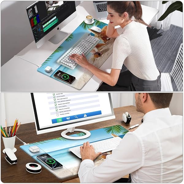 WIRELESS CHARGING MOUSE PAD, 31.5″X15.8″ LARGE GAMING DESK MAT FOR KEYBOARD/LAPTOP, WATERPROOF ULTRA-SMOOTH SURFACE, NON-SLIP BASE, WITH 20W PD ADAPTER, SUMMER BEACH
