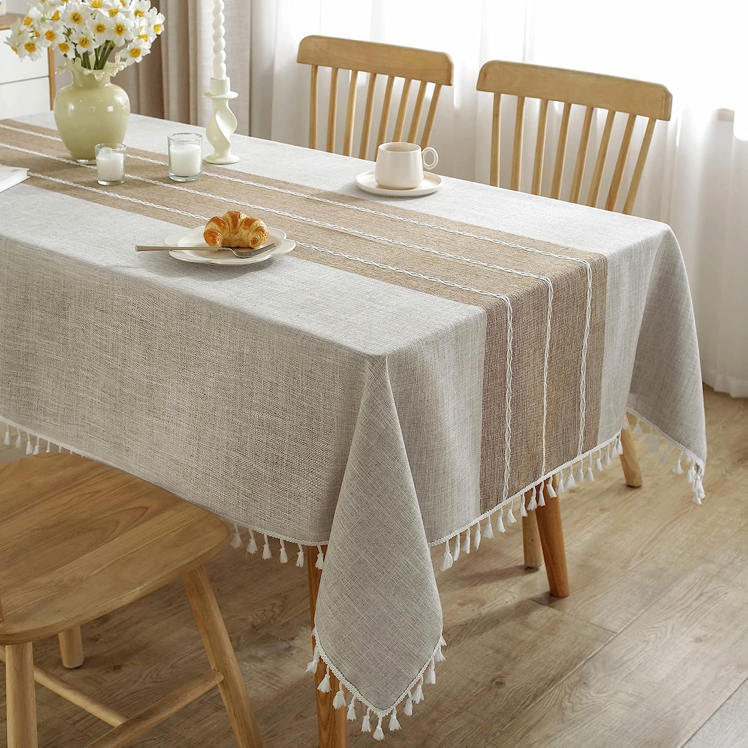 JaeMoose Tablecloth Heavy Weight Cotton Linen Solid Embroidery Tassel Edge Dust-Proof Table Cover for Kitchen Dinning Tabletop Decoration (Light Brown, 140 x 220 cm)