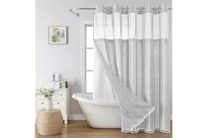 eachope Grey Farmhouse No Hook Shower Curtain Set with Snap-in Fabric Liner,Boho Heavy-Duty Linen Textured Rustic Striped Design,Water-Repellent with Tassels and Sheer Window,Gray,71x74