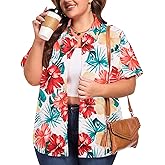 Plus Size Hawaiian Shirts Women: Hawaii Tropical Button Down Shirt Soft Cool Floral Tops Beach Vacation V Neck Blouses