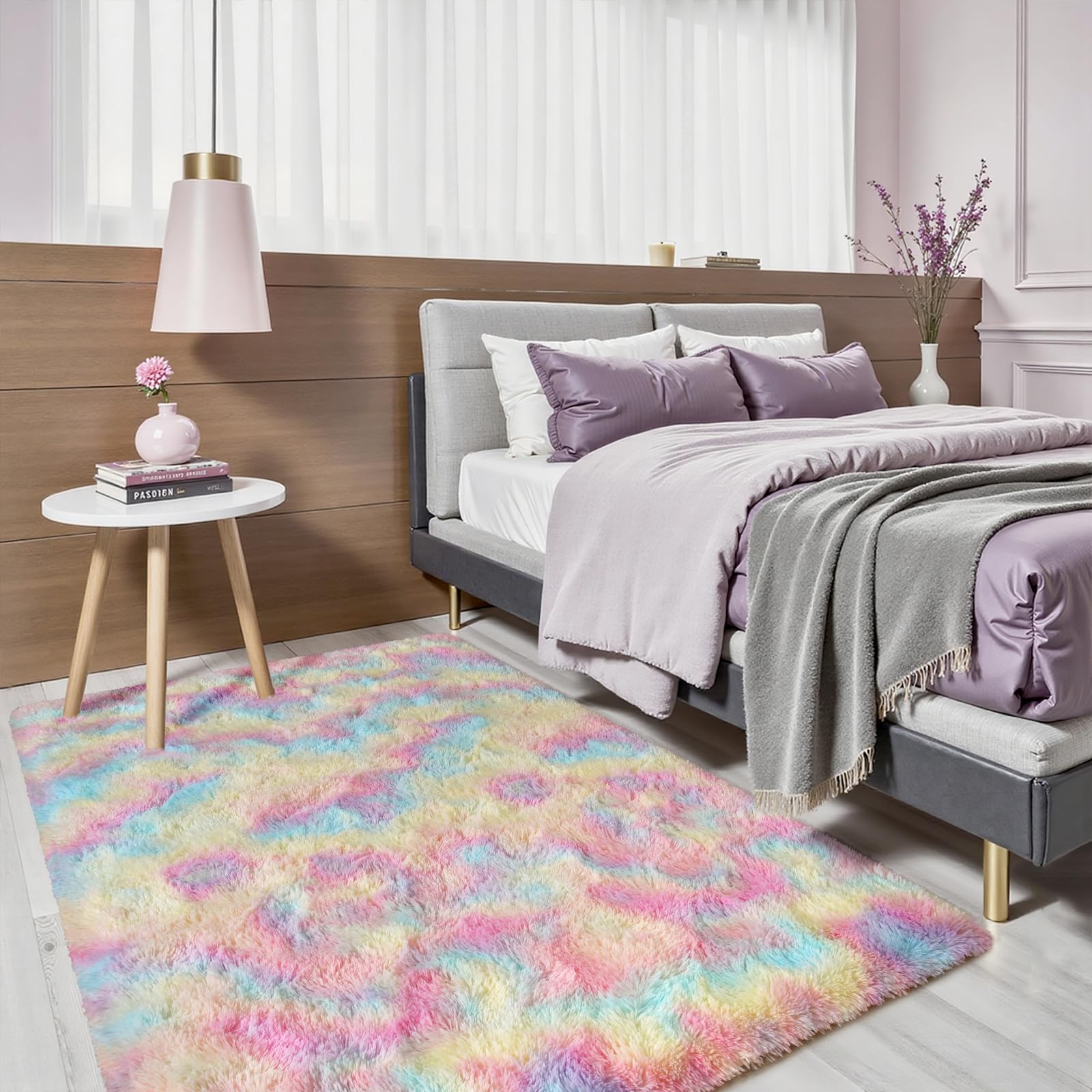 Photo 1 of Terrug Fluffy Area Rug for Bedroom, Rainbow 3x5 Ft Throw Rug for Living Room Kids Room, Ultra-Soft Plush Washable Carpet with Non-Slip Rubber Backing, Cozy Floor Decoration