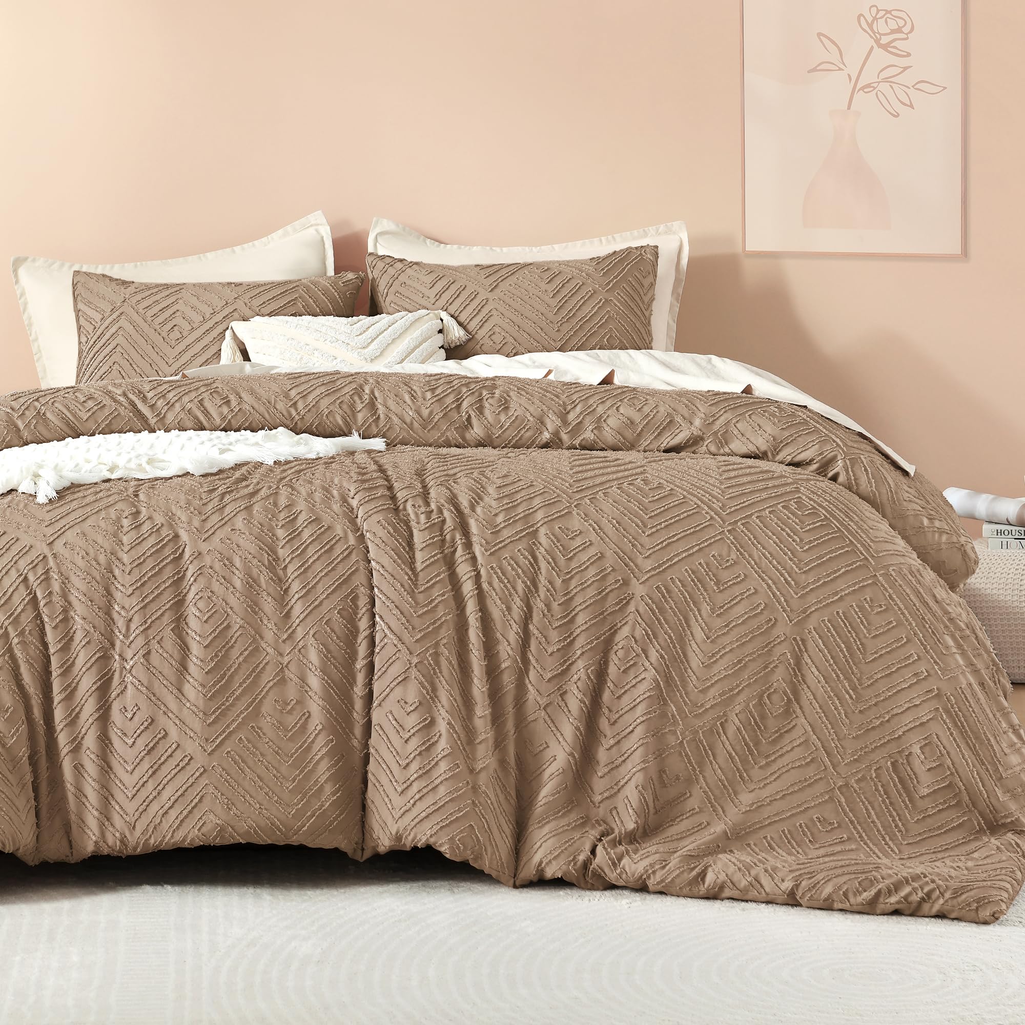 Photo 1 of Litanika Taupe Queen Comforter Set, 3 Pieces Tufted Boho Farmhouse Bedding Comforter Sets, Lightweight Fluffy Comforter Bed Set for All Season (90x90In Comforter and 2 Pillowcases)