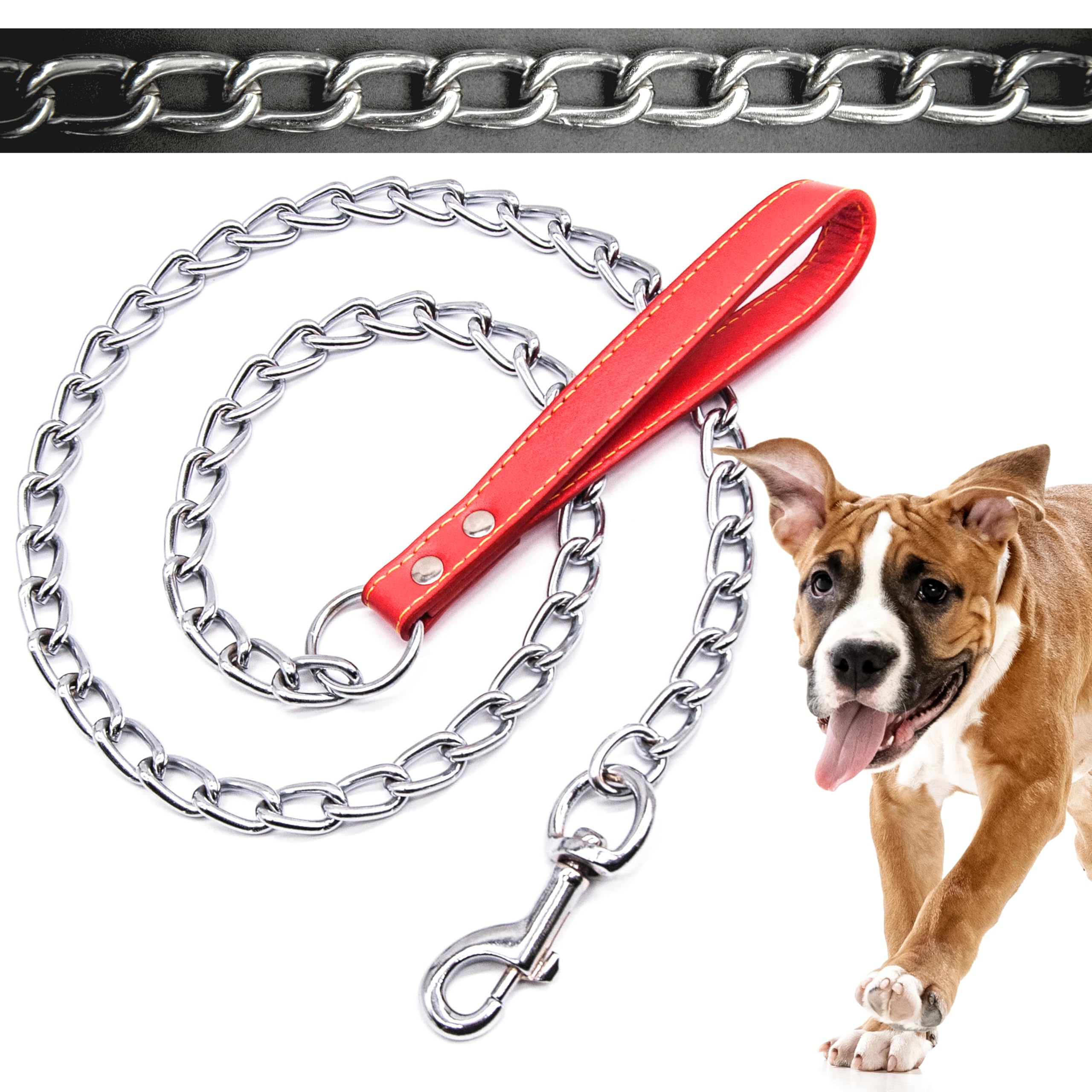 4ft (3.5mm) Premium DOG CHAIN with STRAP Chew Proof Dog Lead Hook Heavy Duty Outdoor Dog Camping Accessories Walking Dog Leashes Dog Chain Training Lead for Dogs (Red, 3.5mm (120cm))