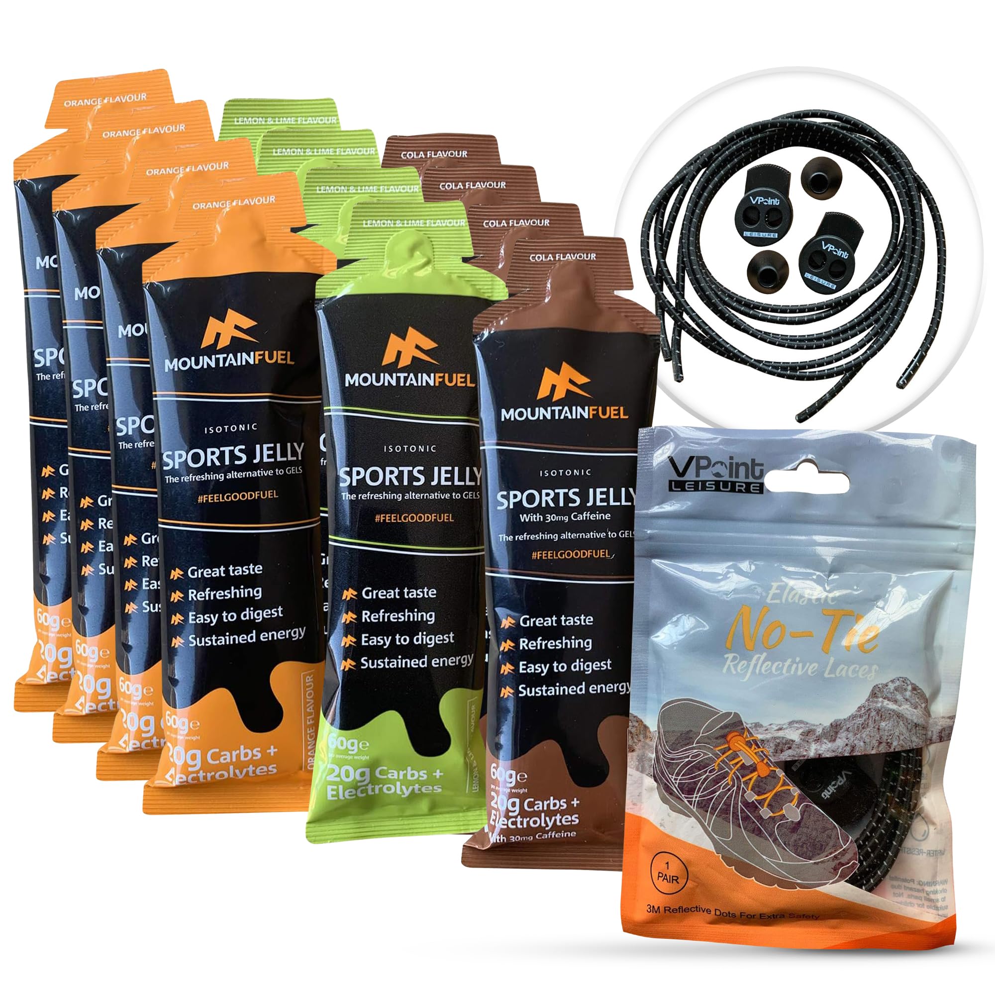 Mountain Fuel Isotonic Sports Jelly - The Refreshing Alternative to Energy Gels (Pack of 12 Mixed Flavours). Bundled with a Pair of VPoint Leisure No-Tie Elastic Shoe Laces