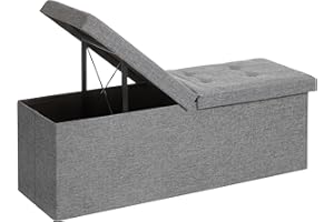 SONGMICS MAZIE Collection - 43 Inches Storage Ottoman, Foldable Storage Bench with Flipping Lid, 660 lb Load Capacity, for Entryway, Living Room, Bedroom, Light Gray ULSF71G