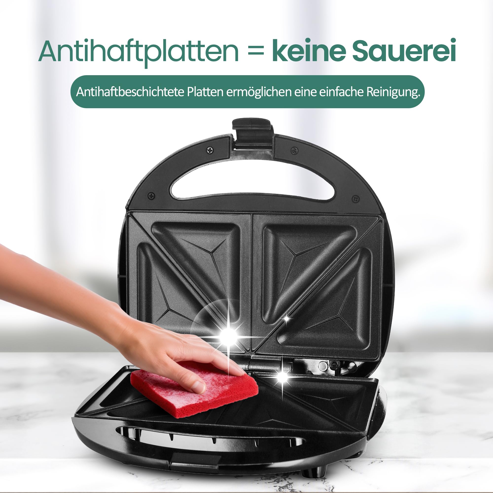 Emerio Doppel Sandwich Maker, BPA frei, klassische Form für dreieckiges Sandwich, leicht zu reinigen, Antihaftbeschichtung, heizt schnell auf, 750 Watt, Schwarz 4