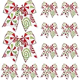 Seematn 12 Pcs Red Green Christmas Bows 6 Inch Christmas Candy Wreaths Bows Xmas Tree Bows Peppermint Grland Ribbon Ornaments for Christmas Tree Home Wedding Indoor Outdoor Party Decor(Classic)
