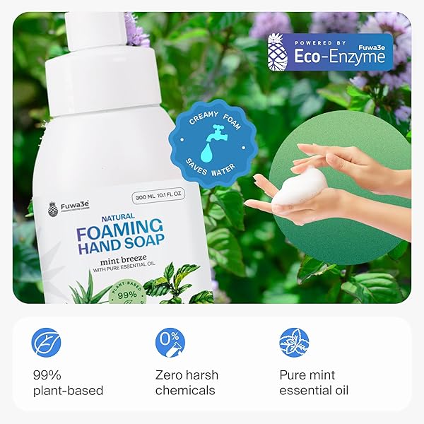 FUWA3E PINEAPPLE ENZYME NATURAL FOAM HAND WASH MINT – 10.1OZ 3 PACK – 99% ORGANIC HAND WASH SOAP WITH FERMENTED PINEAPPLE PEELS – NON TOXIC HAND SOAP SENSITIVE SKIN SAFE WITH PURE ESSENTIAL OIL