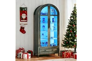Lvifur 73" Tall Arched Display Cabinet with Glass Doors,4-Tier Storage Cabinet with Human Body Sensor,LED Curio Cabinets with 3 Color Lights for Collectibles,Ajustable Shelf for Toys, Books,Brown