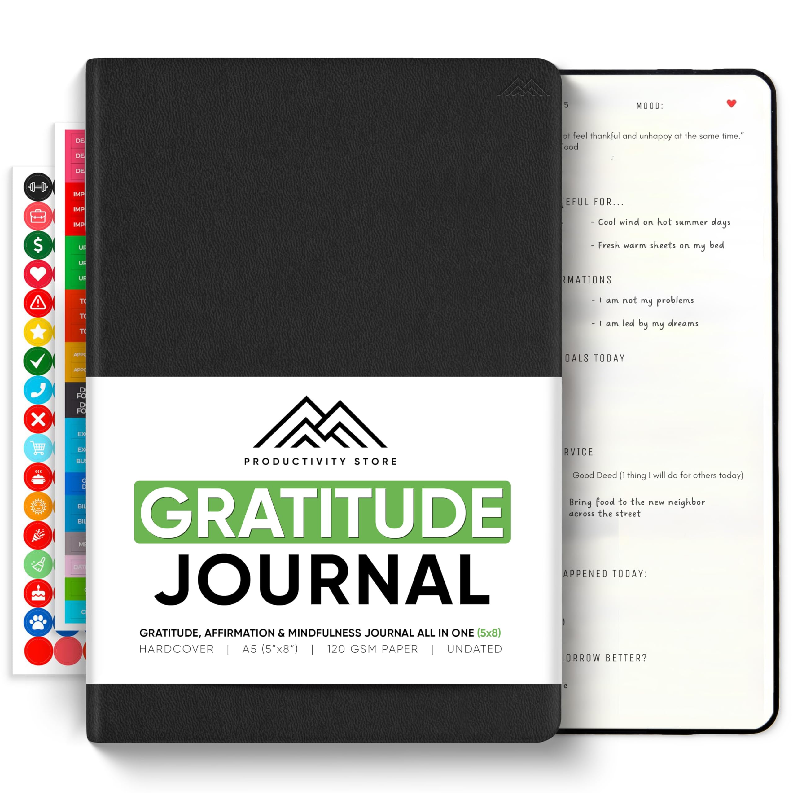 Gratitude & Self-Care Journal - Guided Mindfulness & Mental Health Journal All-in-One with Prompts for Self Discovery - Daily Journal for Men & Women (A5, Black) - PRODUCTIVITY STORE