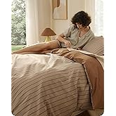 Bedsure Striped Duvet Cover Queen Size,100% Washed Cotton Duvet Cover Linen Like Textured, Classic Striped Pattern Enhances Bedroom Comfort and Style, Stripes Camel/Brown, 90"x90"