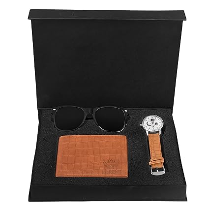 LORENZ CM-1059SN-WL-07 Combo of Mens White Dial Analogue Watch, Brown Wallet and Wayfarer Sunglasses