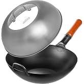 YOSUKATA Carbon Steel Wok Pan &ndash; 13,5 &ldquo; Woks and Stir Fry Pans + Wok Lid 12.8 Inch - Premium Stainless Wok Cover with Tempered Glass Insert Steam Holes and Ergonomic Handle