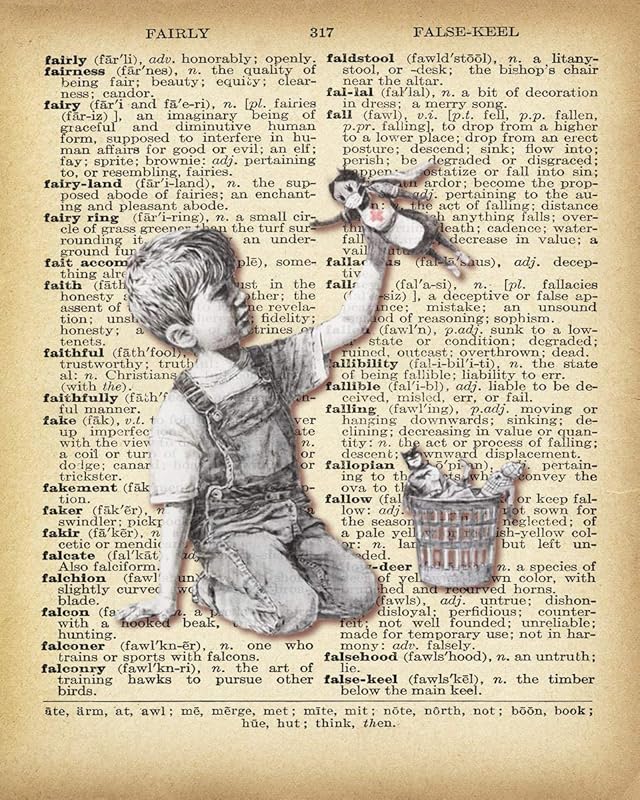 Banksy Wall Art - A Boy playing with Medical Assistant Nurse Superhero Stuffed Toy - Dictionary Vintage Background Prints Wall Art Pictures Paintings UnFramed…