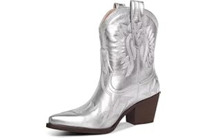 HOCHFART Western Boots for Women Metallic Embroidered Pointed Toe Cowgirl Boots Chunky Heel Pull-On Short Cowboy Boots Wide Calf Country Ankle Boots