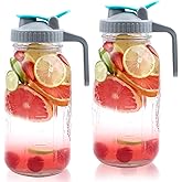 Mason Jar Pitcher 64 OZ Wide Mouth 2 Pack Glass Pitcher With Handle And Pour Spout Lid Airtight And Leakproof Water Pitcher With Flip Cap For Iced Coffee, Milk, Beverage, Lemonade, Iced Tea