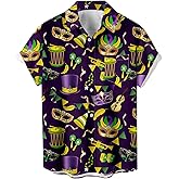 Purple Mardi Gras Shirt for Men Button Down Short Sleeve Hawaiian Shirts