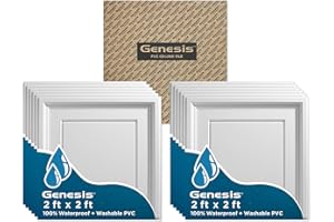 Genesis 2ft x 2ft White Icon Coffer Ceiling Tiles - Easy Drop-in Installation – Waterproof, Washable and Fire-Rated - High-Grade PVC to Prevent Breakage - Package of 12 Tiles