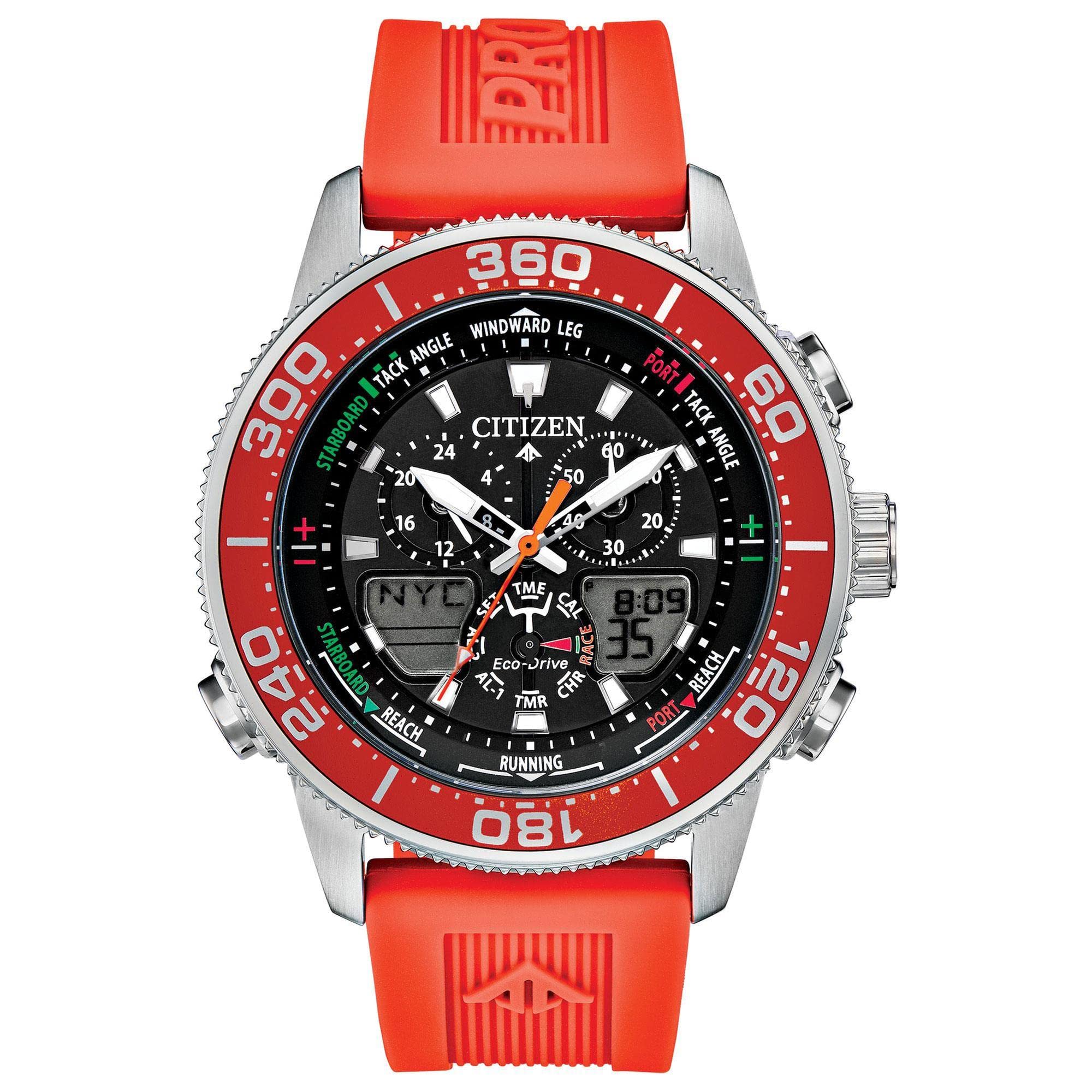 Reloj Citizen Promaster Sailhawk Eco-Drive para hombre, cronómetro de carreras de yates, cronógrafo, correa de poliuretano, hora dual, hora analógica/digital, manecillas y marcadores luminosos, naranja, 44 mm (modelo: JR4061-00F)