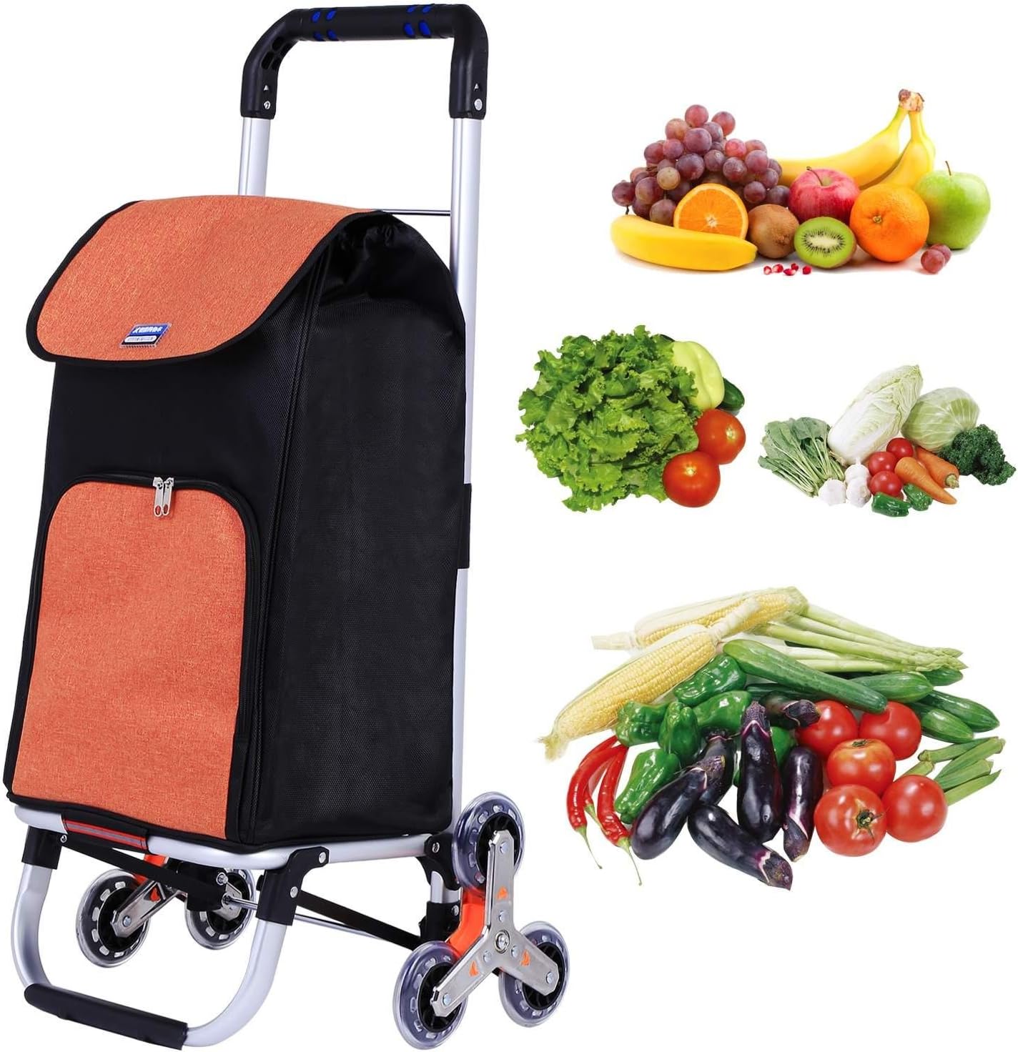 Leoneva Stainless Steel Car Body Folding Shopping Cart Stair Climbing Cart Grocery Laundry Utility Cart with Large Capacity Oxford Cloth Bag and Wheel Bearings(US Stock)(Orange 35.4 inch)