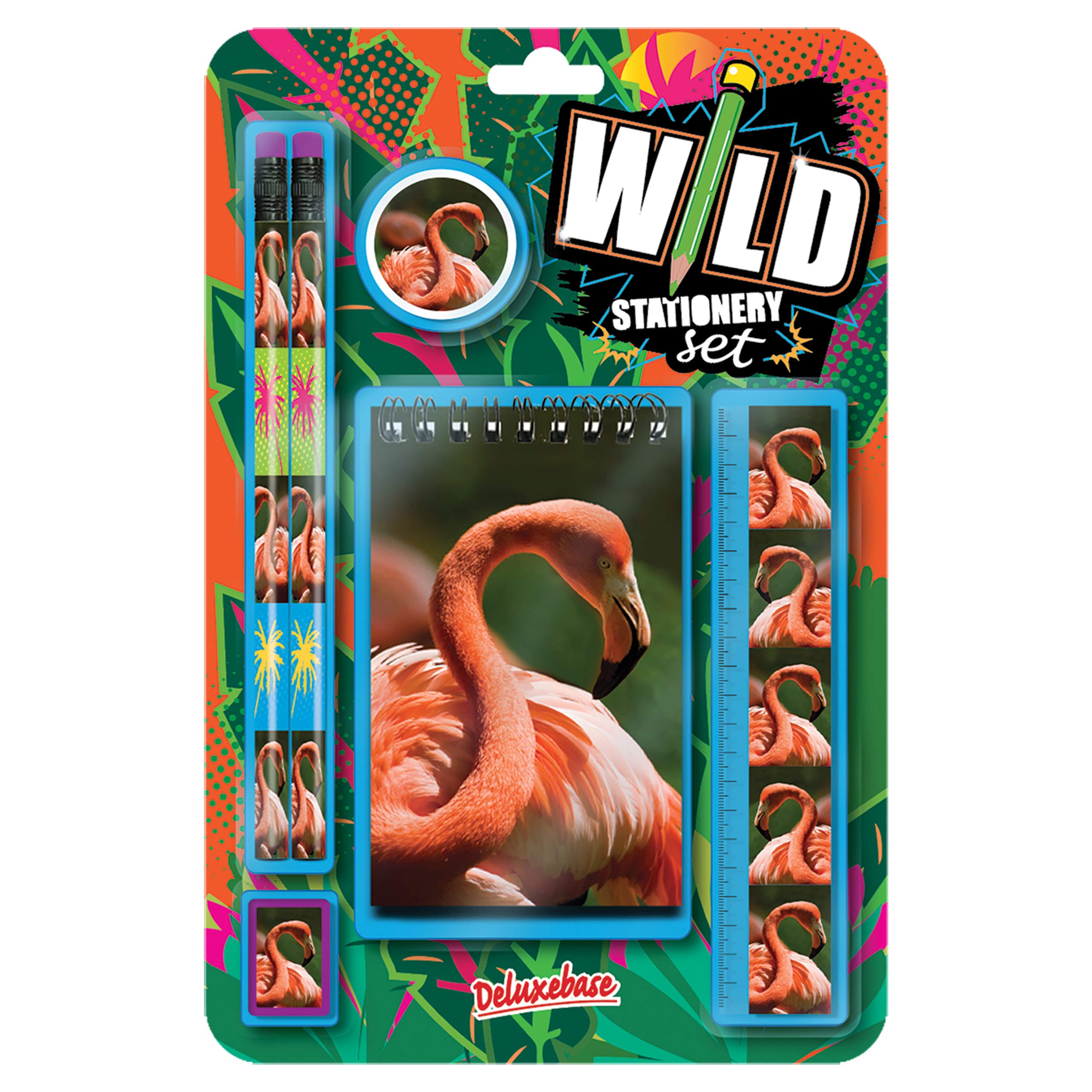Deluxebase Wild Stationery Set – Flamingo, 6 Piece School Supplies Set including Notebook, 2 Pencils, Ruler, Pencil Eraser and Sharpener, Fun Animal Stationery Gifts for Kids and Students. — image 1