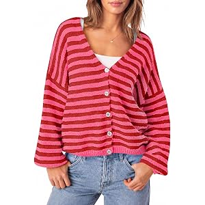 Saodimallsu Womens Oversized Striped Cardigan Fall Trendy V Neck Sweaters | Lantern Long Sleeve,Loose Fit,Soft Knit,Button Up