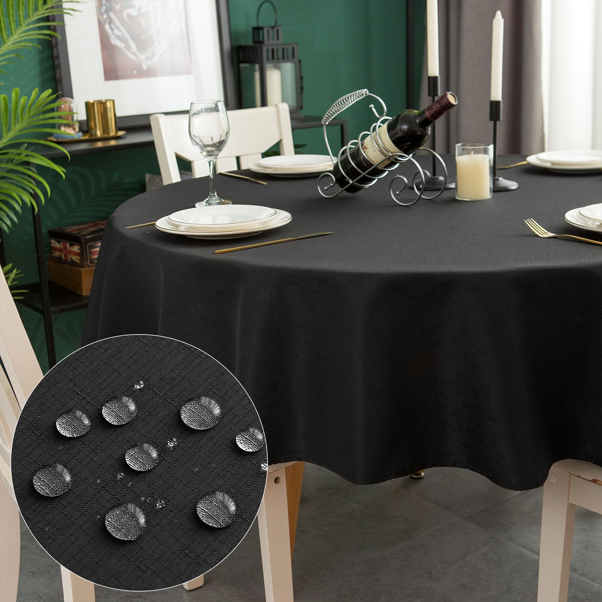 WELTRXE Round Table Cloth,180cm Diameter,Faux Linen Tablecloth,Water Resistant Spill Proof Wipeable Polyester Dining Table Cover for Cafe Restaurant Buffet Tabletop Decoration,Black — image 1