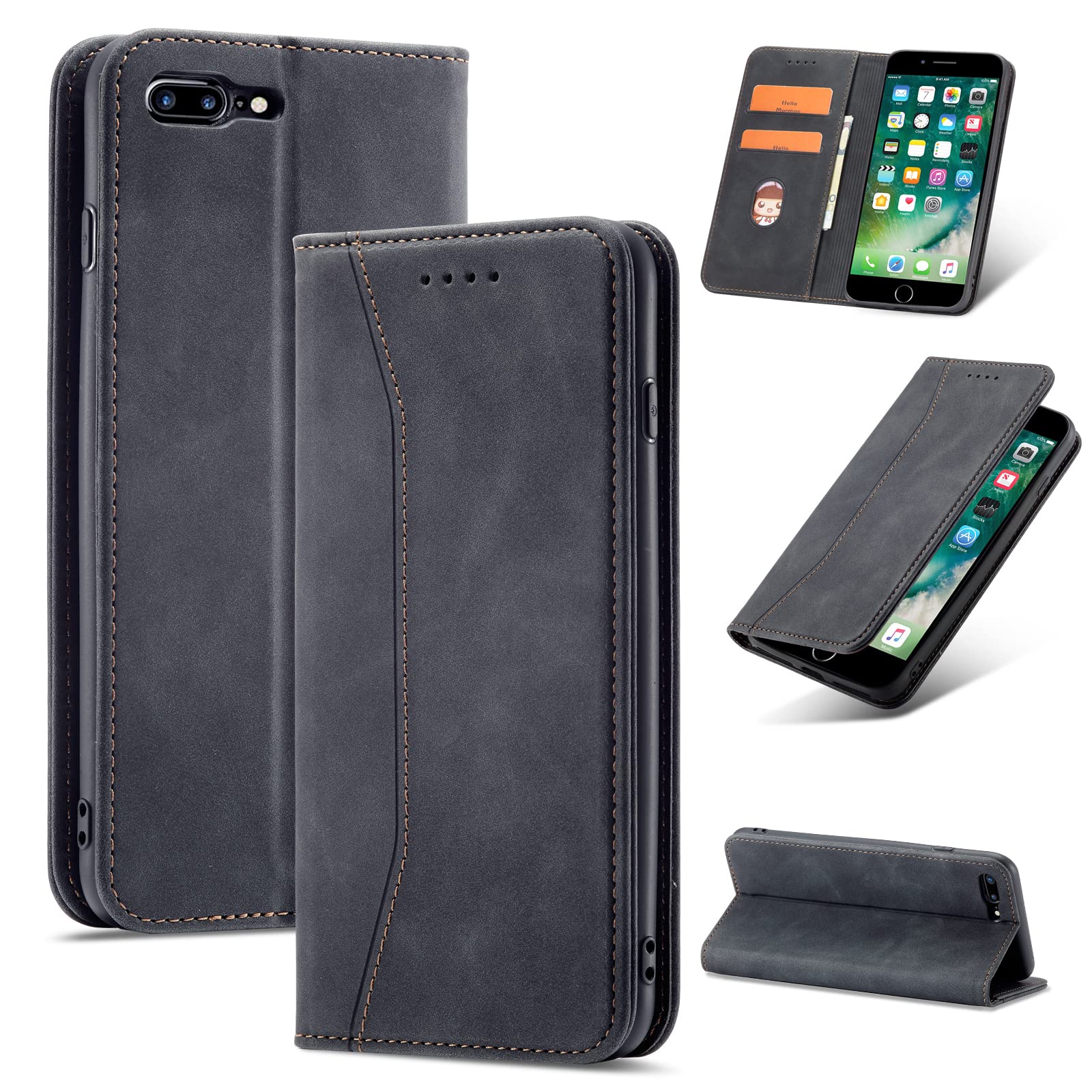 TOHULLE for iPhone 7 Plus iPhone 8 Plus Wallet Case, Vintage PU Leather Flip Case with Card Holder Kickstand Hidden Magnet Folio Case Book Cover Compatible with iPhone 7 Plus/8 Plus - Black