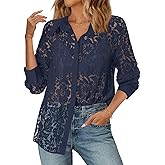MEROKEETY Women's Lace Long Sleeve Tops Dressy Casual Blouse Button Down Sheer Elegant Summer Shirts
