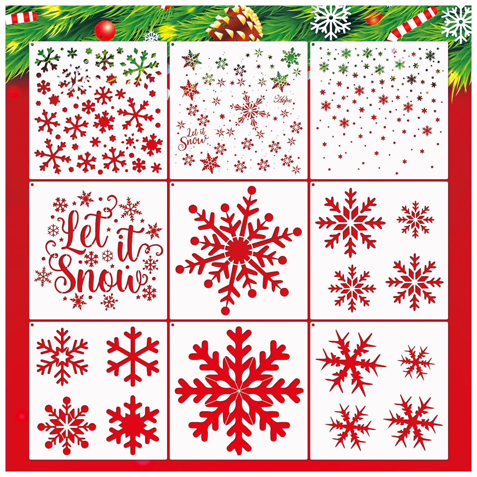 9 Pieces Snowflake Stencils for Painting Reusable Christmas Large Snowflake Stencil for Window Crafts Glass Wall Wood Doormat (11.8 in Snowflake)