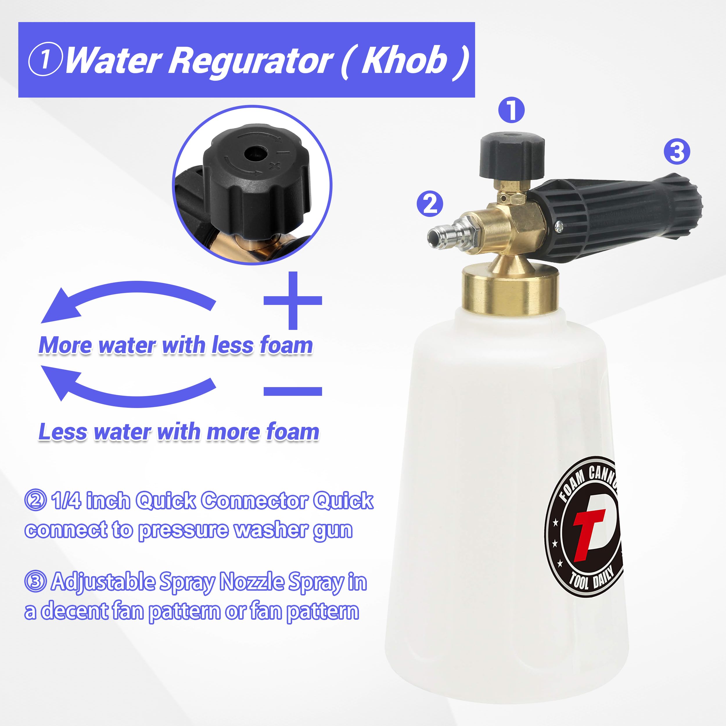 Tool Daily Foam Cannon for Pressure Washer with Double Tip Attachment, Dual Lance Wide Mouth Soap Cannon, 5 Power Washer Sprayer Nozzles, 1/4
