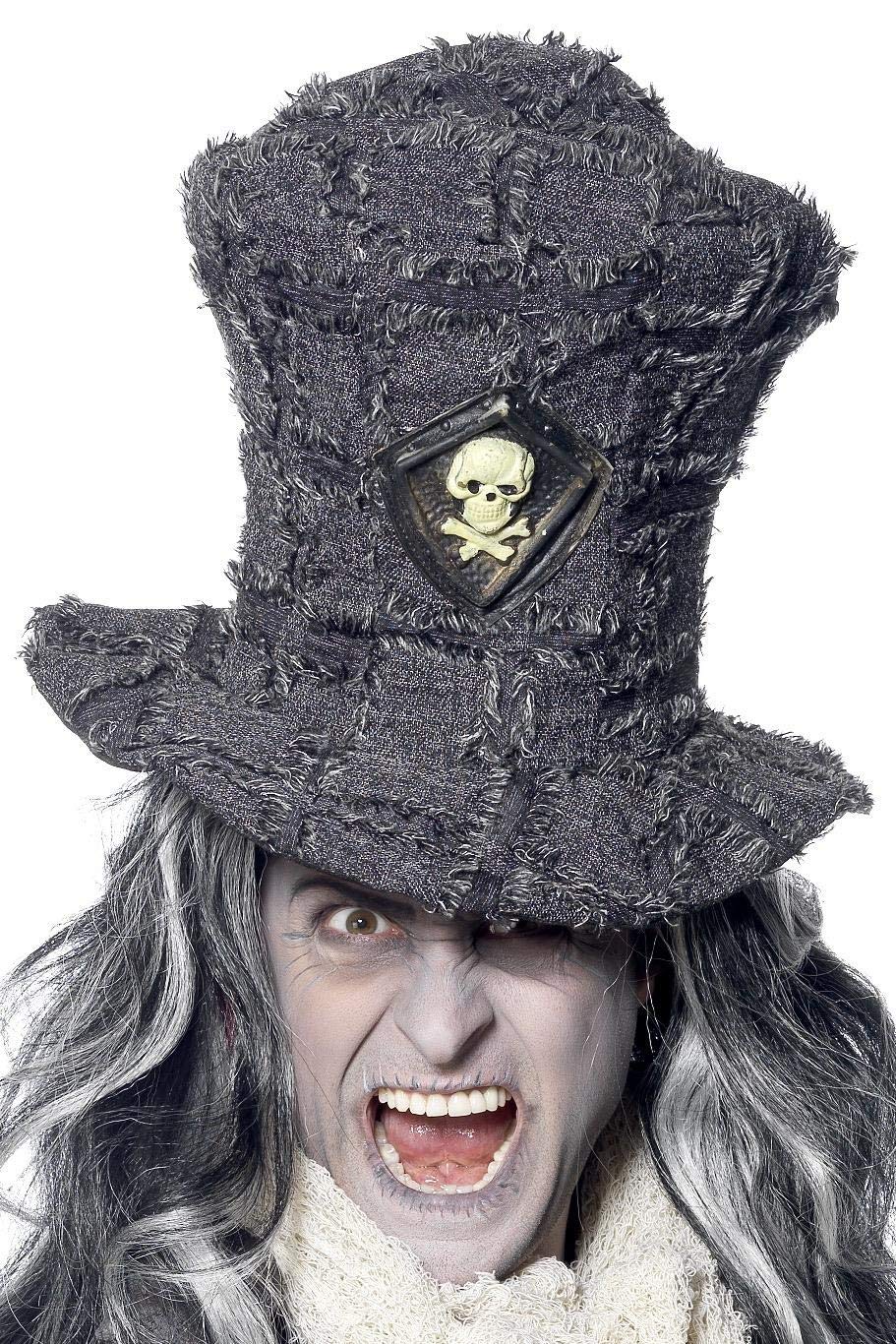 Smiffys Gravedigger Top Hat, Grey with Skull Emblem, Halloween Fancy Dress Accessory, Halloween Dress Up Hats