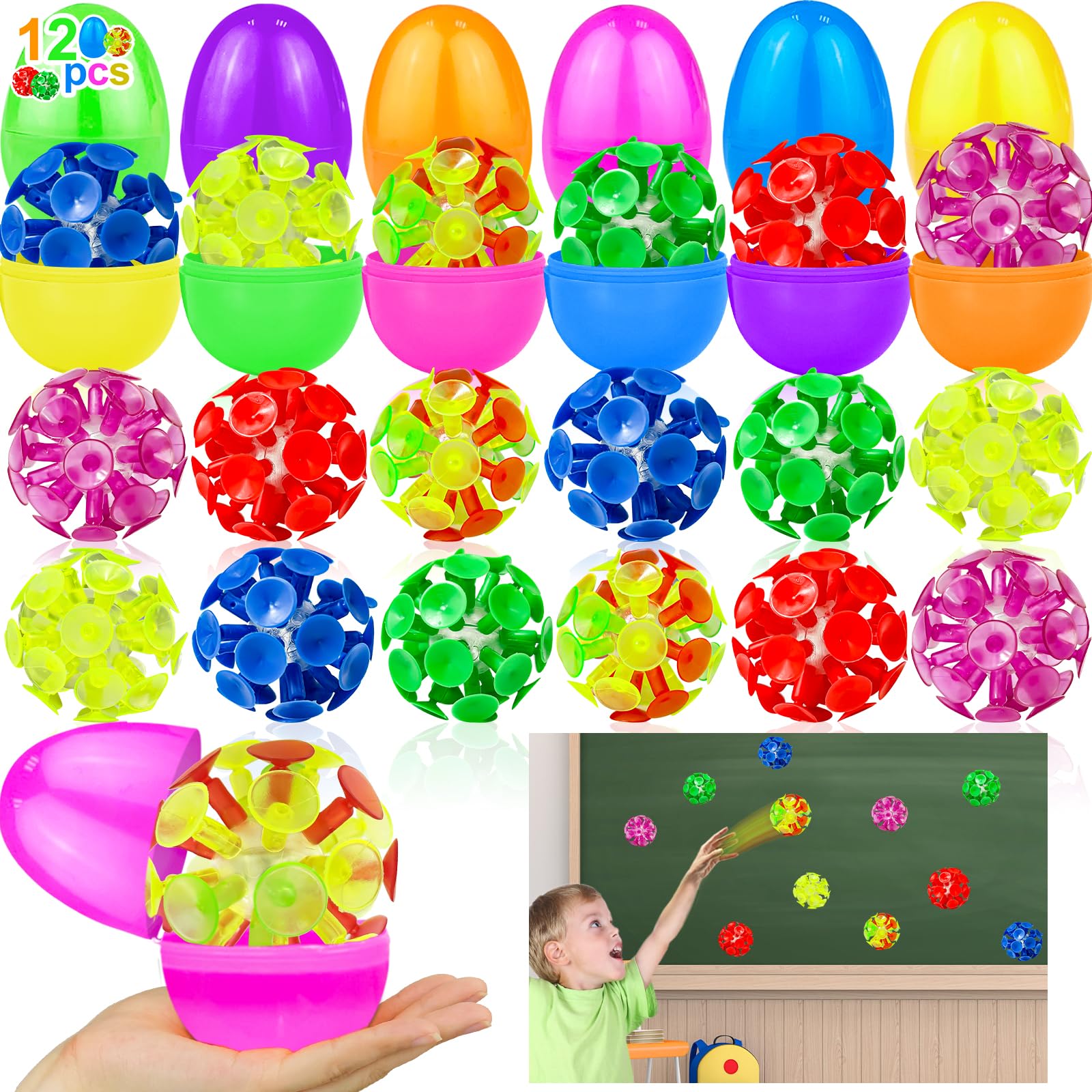 12 Pack Filled Easter Eggs with Toys for Kids Boys, Easter Eggs Filled Suction Cup Balls Tossing Stick Balls, Stress Relief Fidget Toys Easter Basket Essentials Stuffers Fillers Classroom Prizes