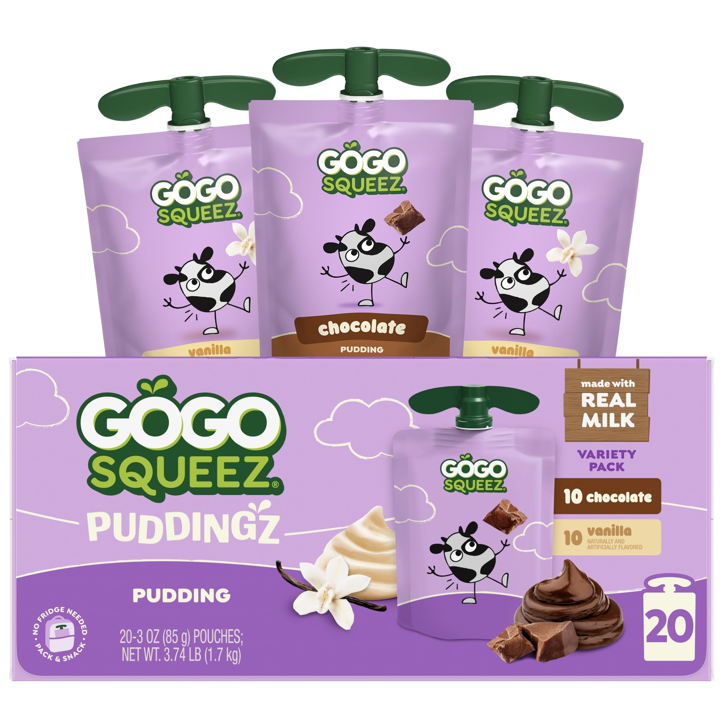 GoGo SqueeZ PuddingZ Variety Pack, On-the-Go Chocolate and Vanilla Pudding, 3 oz. Pouches (Pack of 20), BPA Free Pouches