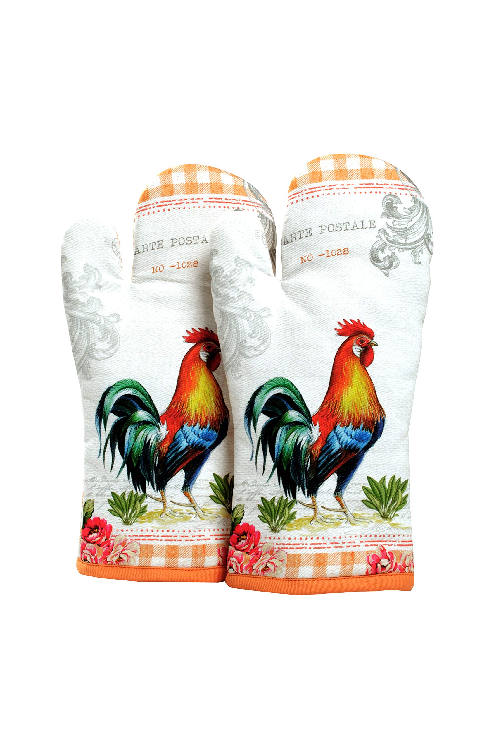 Amour Infini Set of 2 Oven Mitts Unique Rooster Design | 18 x 33 cm | 100% Cotton Machine Washable | Oven gloves with Hanging Loop | Quilted Liner for Heat Resistance