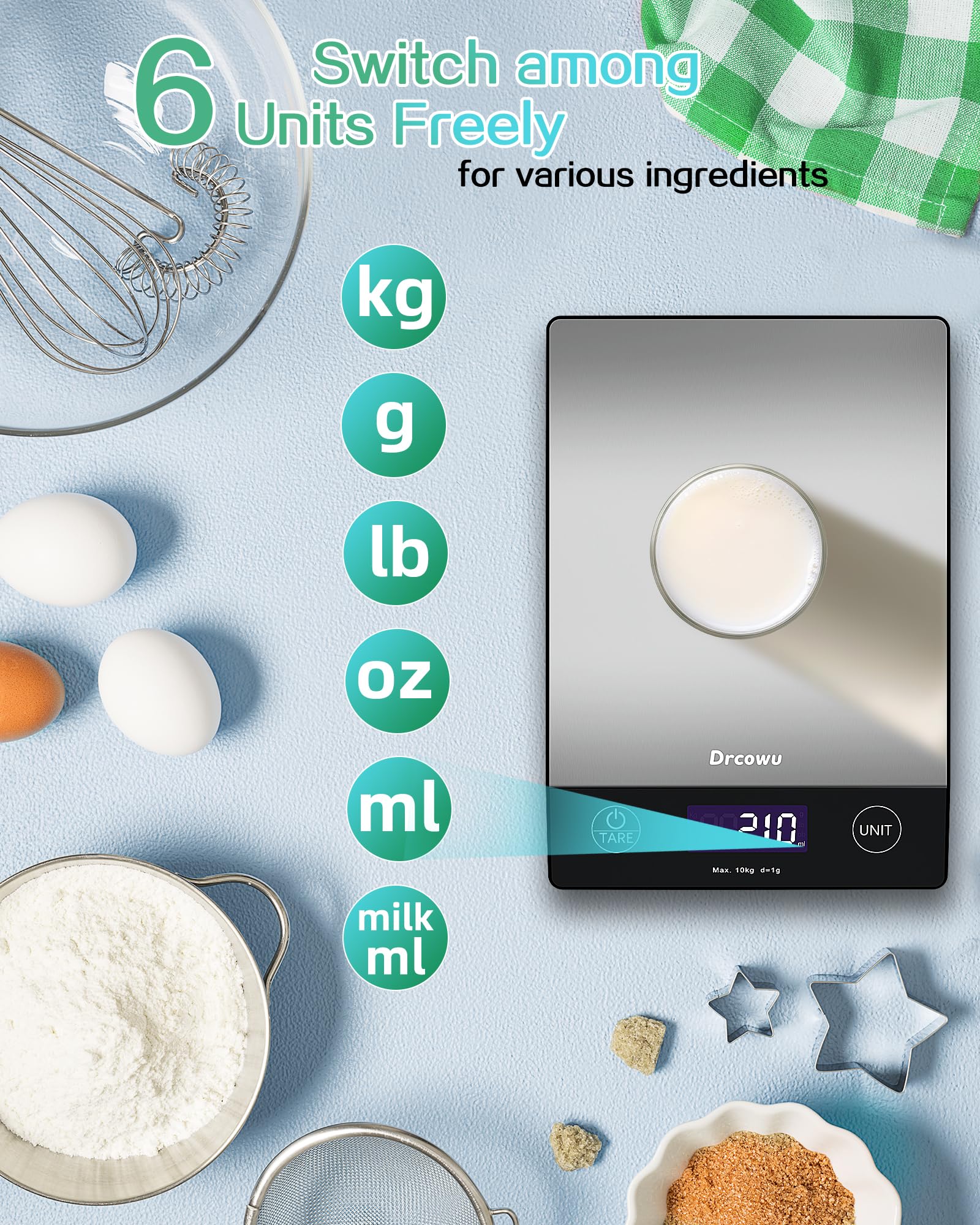 Drcowu Küchenwaage Digitale 10 kg, Waage küche Digital mit LCD-Anzeige, Multifunktions-Lebensmittelwaage, Hohe Präzision auf bis zu 1g, Tara-Funktion, 6 Einheiten, zum Kochen Backen 4