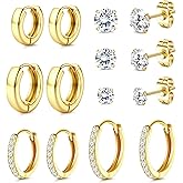 Dochais Hoop Stud Earrings for Women Men 7 Pairs 316L Surgical Steel Hypoallergenic Earrings Set for Multiple Piercing Non Tarnish 14k Gold Plated Cartilage Earring