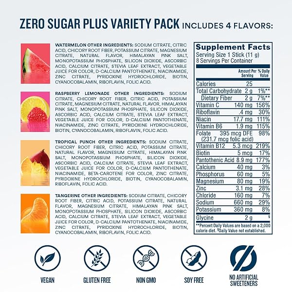 DRIPDROP ZERO SUGAR PLUS – SUGAR FREE HYDRATION PACKETS – SINGLE SERVE ELECTROLYTES POWDER DRINK MIX – RASPBERRY LEMONADE, WATERMELON, TANGERINE, TROPICAL PUNCH – NON-GMO, VEGAN- 8 STICKS